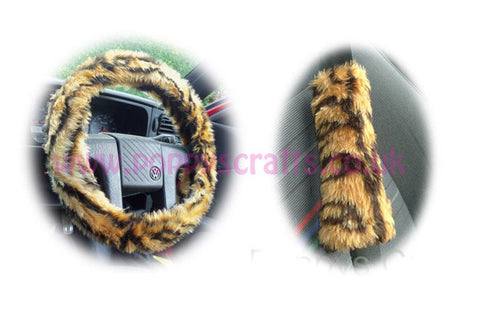 Gold Tiger print fuzzy Car Steering wheel cover & matching faux fur seatbelt pad set