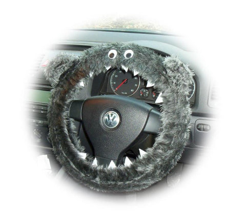 Dark Grey fuzzy monster steering wheel cover