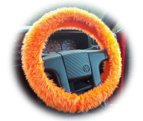 Bright Tangerine Orange Fuzzy faux fur car steering wheel cover