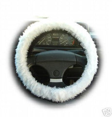 White fuzzy faux fur car steering wheel cover Poppys Crafts