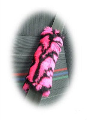 Pink and black tiger stripe fuzzy faux fur seatbelt pads 1 pair Poppys Crafts