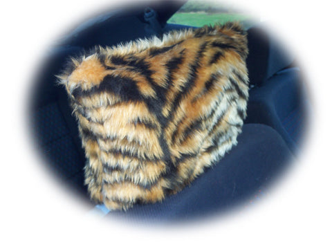 Gold tiger stripe faux fur fuzzy car headrest covers wild thing