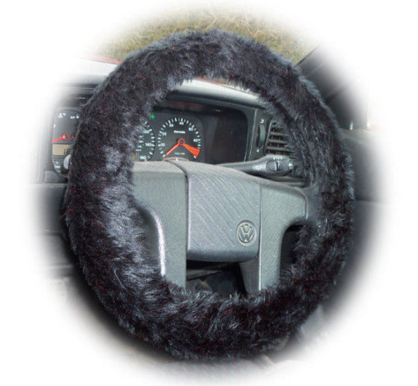 Black fuzzy faux fur car steering wheel cover Poppys Crafts