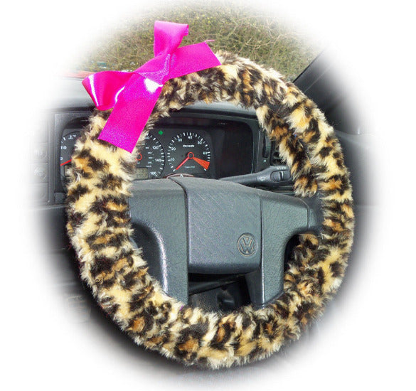 Leopard print fuzzy car steering wheel cover with Barbie Pink satin bow Poppys Crafts