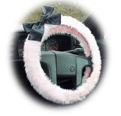 Fluffy Baby Pink faux fur fuzzy car steering wheel cover with black satin Bow
