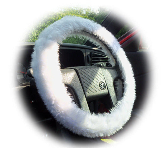 White fuzzy faux fur car steering wheel cover Poppys Crafts