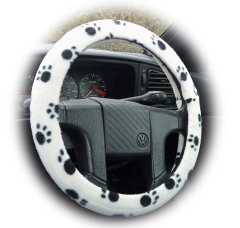 Paw print fleece car steering wheel cover in black and white and multi-coloured