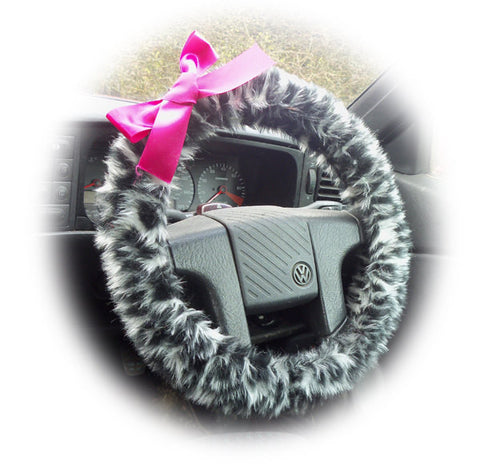 Snow Leopard fuzzy car steering wheel cover with Barbie Pink Satin Bow