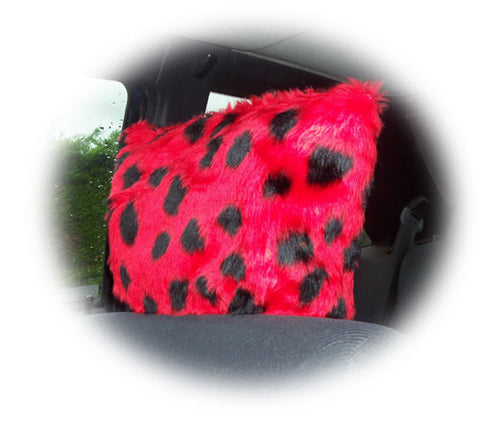 Spotty ladybird fuzzy faux fur car headrest covers red and black spots