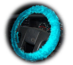Teal Turquoise fuzzy faux fur car steering wheel cover Poppys Crafts