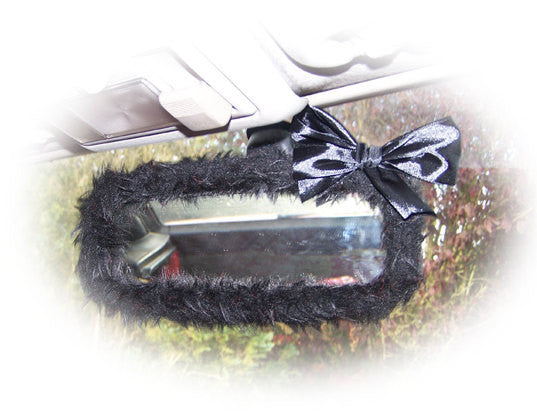 Cute fuzzy Black rear view mirror cover faux fur with black satin bow Poppys Crafts