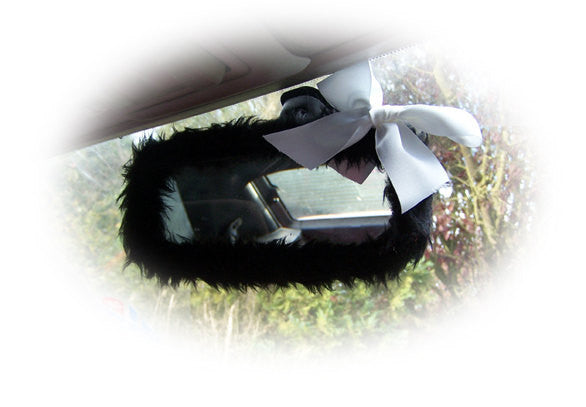 Cute fluffy faux fur Black car mirror cover with white satin bow fuzzy Poppys Crafts