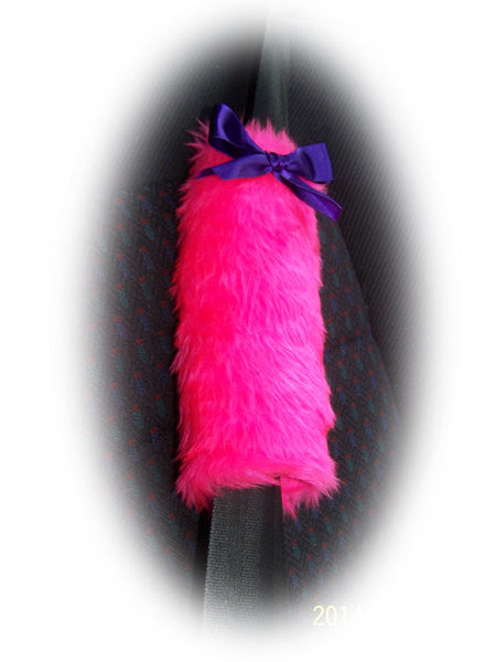 Fuzzy faux fur barbie pink car seatbelt pads with purple satin bows 1 pair cute fluffy and furry Poppys Crafts