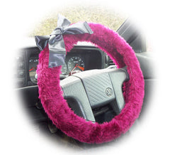 Burgundy red fuzzy car steering wheel cover with Black satin bow Poppys Crafts