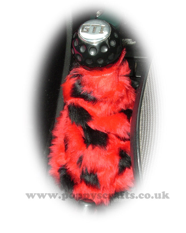 Red And Black Ladybird spot faux fur fluffy gear stick gaiter cover Poppys Crafts