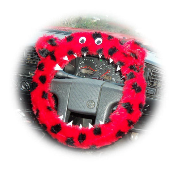 Fuzzy faux fur ladybird red and black spotty monster steering wheel cover Poppys Crafts