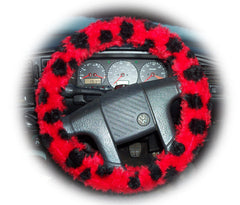 Ladybird Spot fuzzy Car Steering wheel cover & matching faux fur seatbelt pad set Poppys Crafts