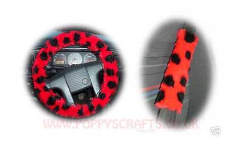 Ladybird Spot fuzzy Car Steering wheel cover & matching faux fur seatbelt pad set