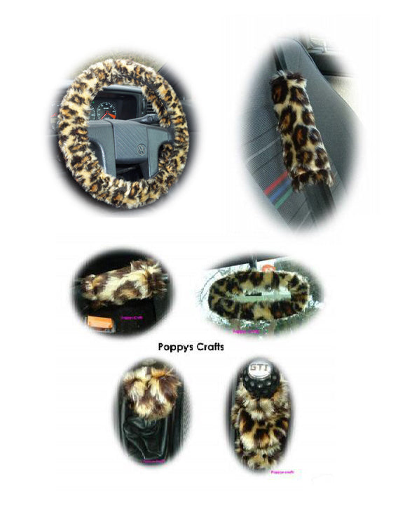 Large 7 Piece leopard print fluffy car accessories set faux fur Poppys Crafts