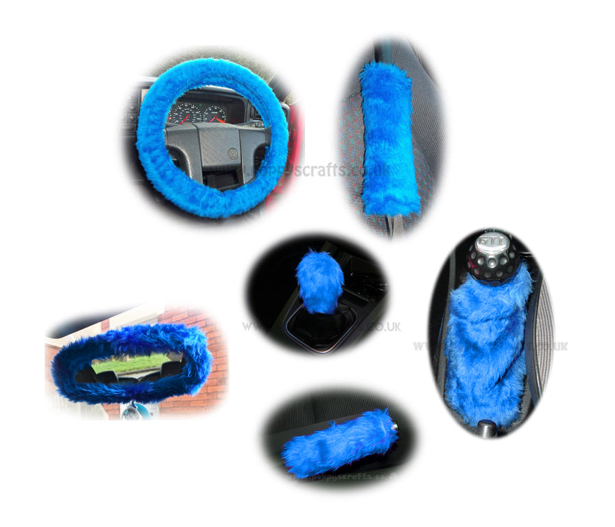 Large 7 Piece Royal Blue fluffy car accessories set faux fur Poppys Crafts