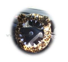 Leopard Print fuzzy Monster steering wheel cover with cute matching rear view mirror cover Poppys Crafts