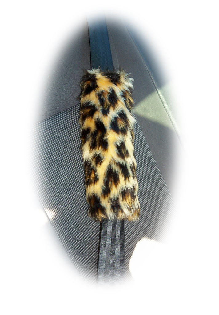 Leopard print faux fur car seatbelt pads 1 pair Poppys Crafts