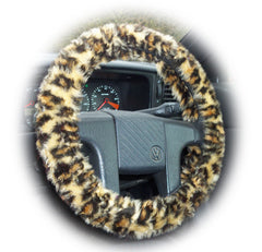Leopard Print fuzzy steering wheel cover with cute matching rearview interior mirror cover Poppys Crafts