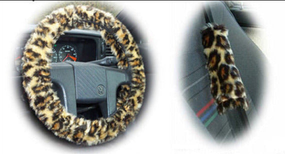 Wild Leopard print fuzzy Car Steering wheel cover & matching animal print faux fur seatbelt pad set Poppys Crafts