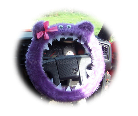 Fuzzy Faux fur Lilac Monster steering wheel cover with cute pink bow