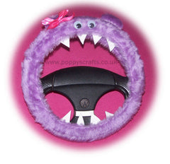 Fuzzy Faux fur Lilac Monster steering wheel cover with cute pink bow Poppys Crafts