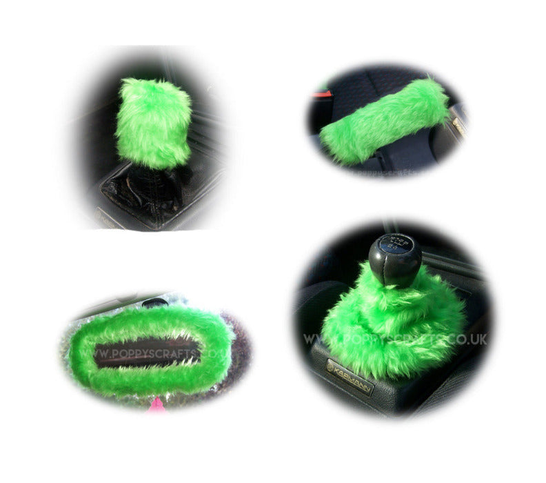 Funky Lime Green fluffy faux fur car accessories 4 piece set Poppys Crafts