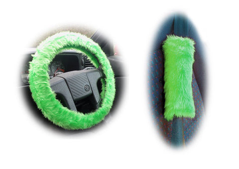 Lime Green Car Steering wheel cover & matching fuzzy faux fur seatbelt pad set