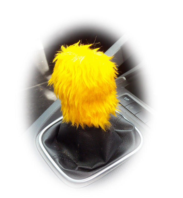 Fuzzy faux fur Marigold Yellow Gearknob cover Poppys Crafts