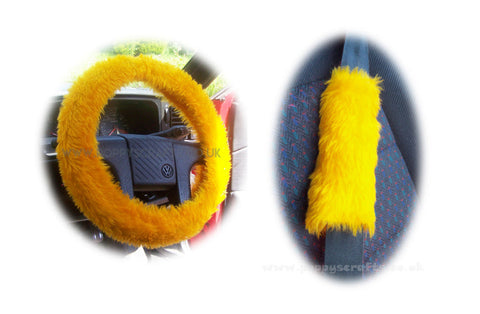 Marigold Car Steering wheel cover & matching fuzzy faux fur seatbelt pad set