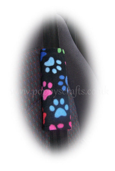 black and multi-coloured fleece paw print shoulder strap pad multiple use Poppys Crafts