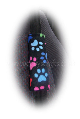 black and multi-coloured fleece paw print shoulder strap pad multiple use