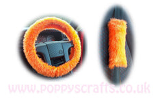 Tangerine Orange Car Steering wheel cover & matching fuzzy faux fur seatbelt pad set Poppys Crafts