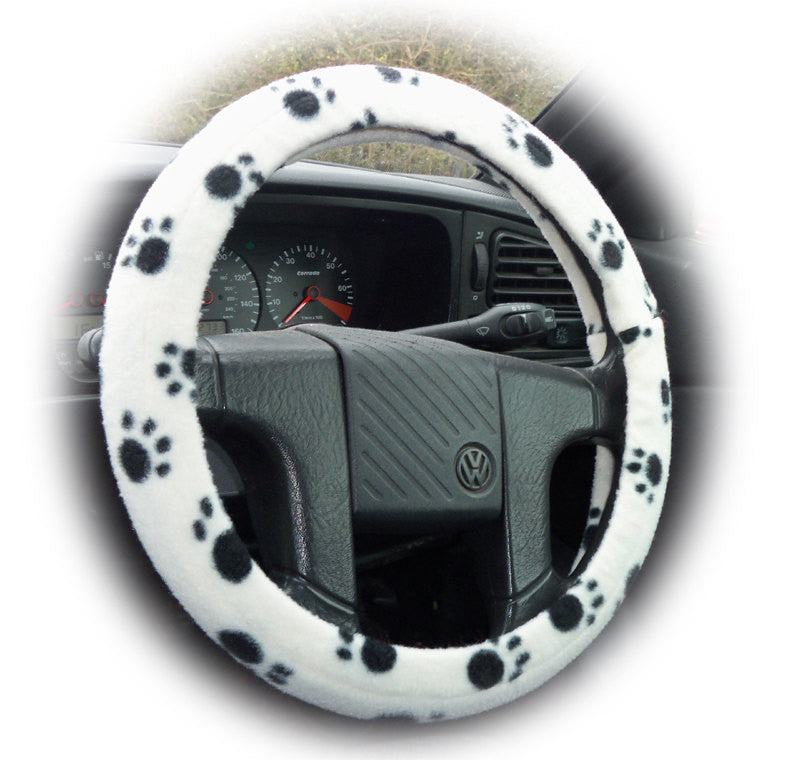 White with Black Paws paw print fleece car steering wheel cover Poppys Crafts