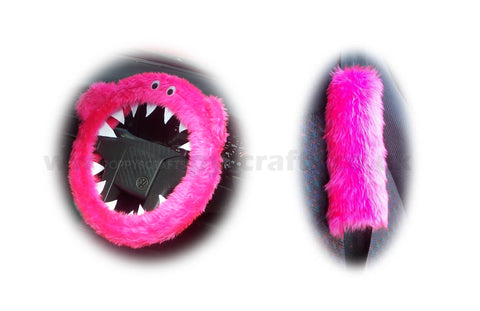 Fluffy Pink Monster Car Steering wheel cover & fuzzy faux fur pink seatbelt pad set
