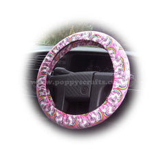 Unicorn's and Rainbow's on Pink cotton car steering wheel cover Poppys Crafts