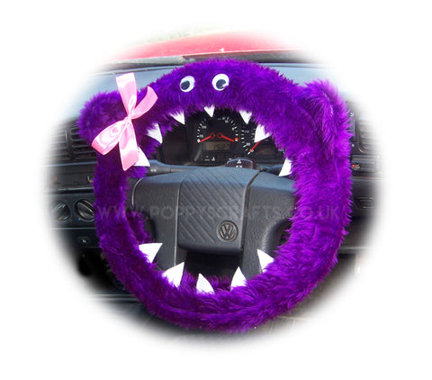 Fuzzy Purple faux fur monster car steering wheel cover with cute pink bow