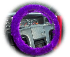 Dark Purple fuzzy steering wheel cover with cute matching rear view mirror cover Poppys Crafts