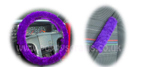 Fluffy Purple Car Steering wheel cover & matching fuzzy faux fur seatbelt pad set