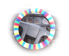 Gorgeous Bright Rainbow Striped fleece car steering wheel cover Poppys Crafts