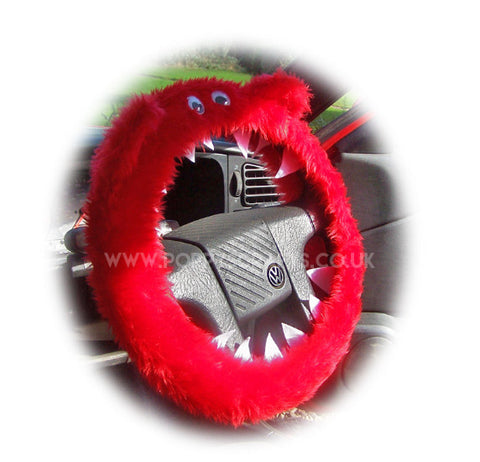 Fuzzy faux fur Red Monster steering wheel cover