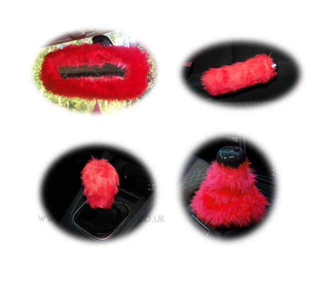 Racing Red fluffy faux fur car accessories 4 piece set Poppys Crafts