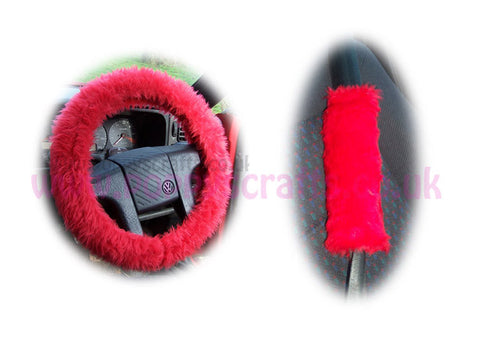 Racing Red Car Steering wheel cover & matching fuzzy faux fur seatbelt pad set