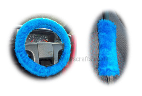 Royal Blue Fuzzy Car Steering wheel cover & matching faux fur seatbelt pad set