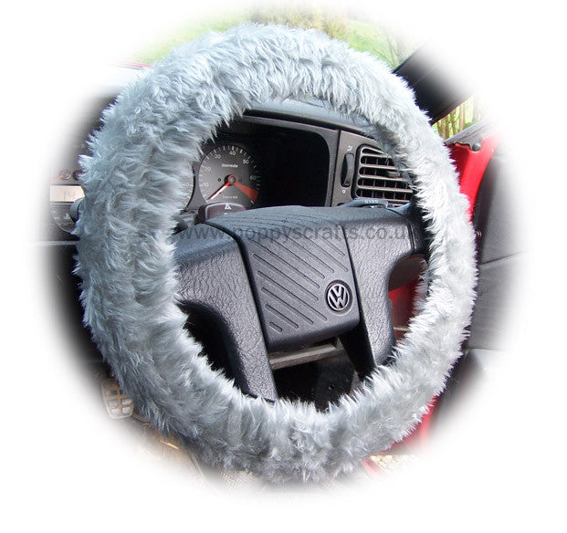 Light Silver Grey Fuzzy faux fur car steering wheel cover Poppys Crafts