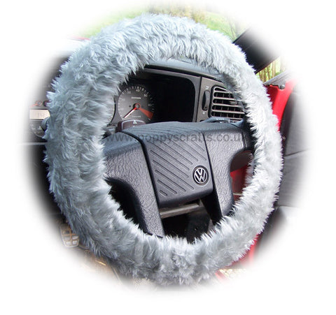 Light Silver Grey Fuzzy faux fur car steering wheel cover